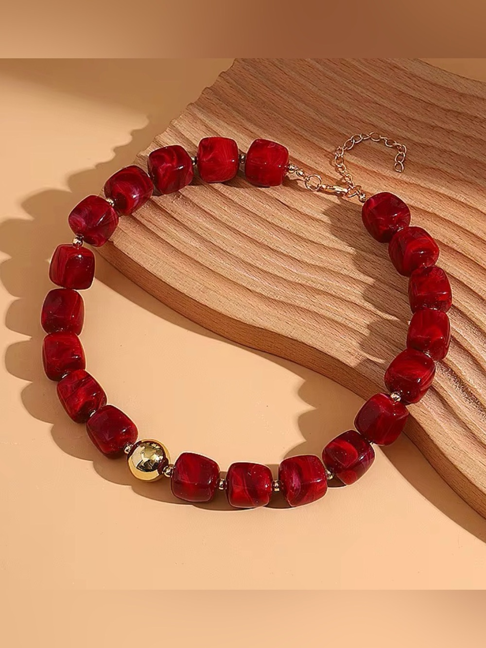 Red Beaded Statement Necklace - Gold Accent